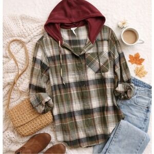 Plaid Hooded Flannel Shirt Women Green Brown Burgundy Hoodie Top Casual Cozy